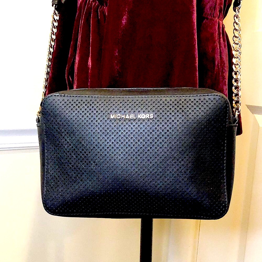 MICHAEL KORS Perforated Black Saffiano Crossbody with Silver Chain Leather Strap